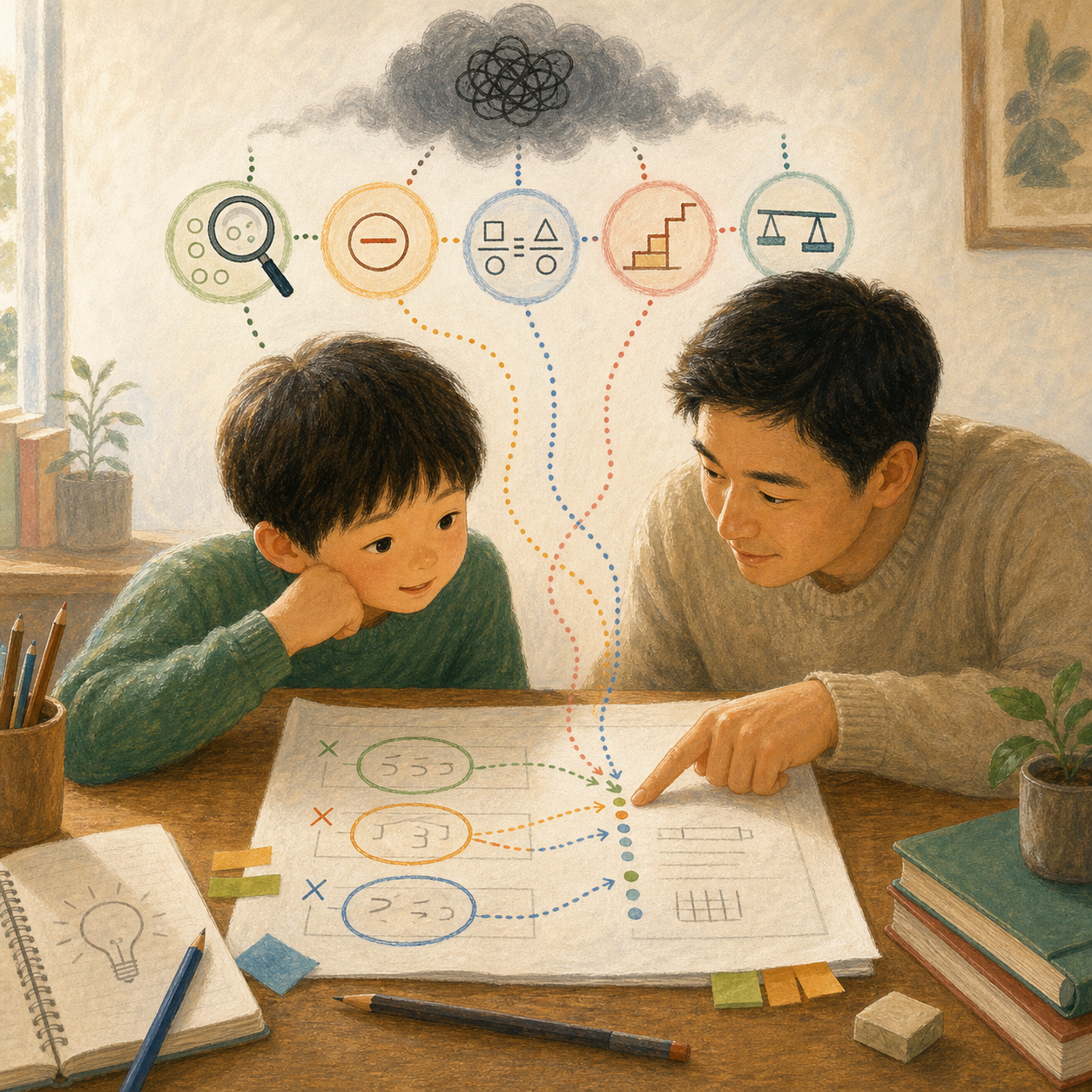孩子和青年男性老师一起拆分错题原因的插画