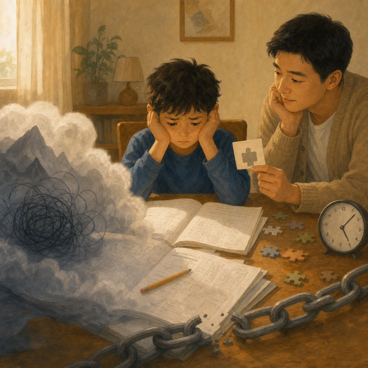 青年男性老师陪伴孩子面对过大的作业任务的插画