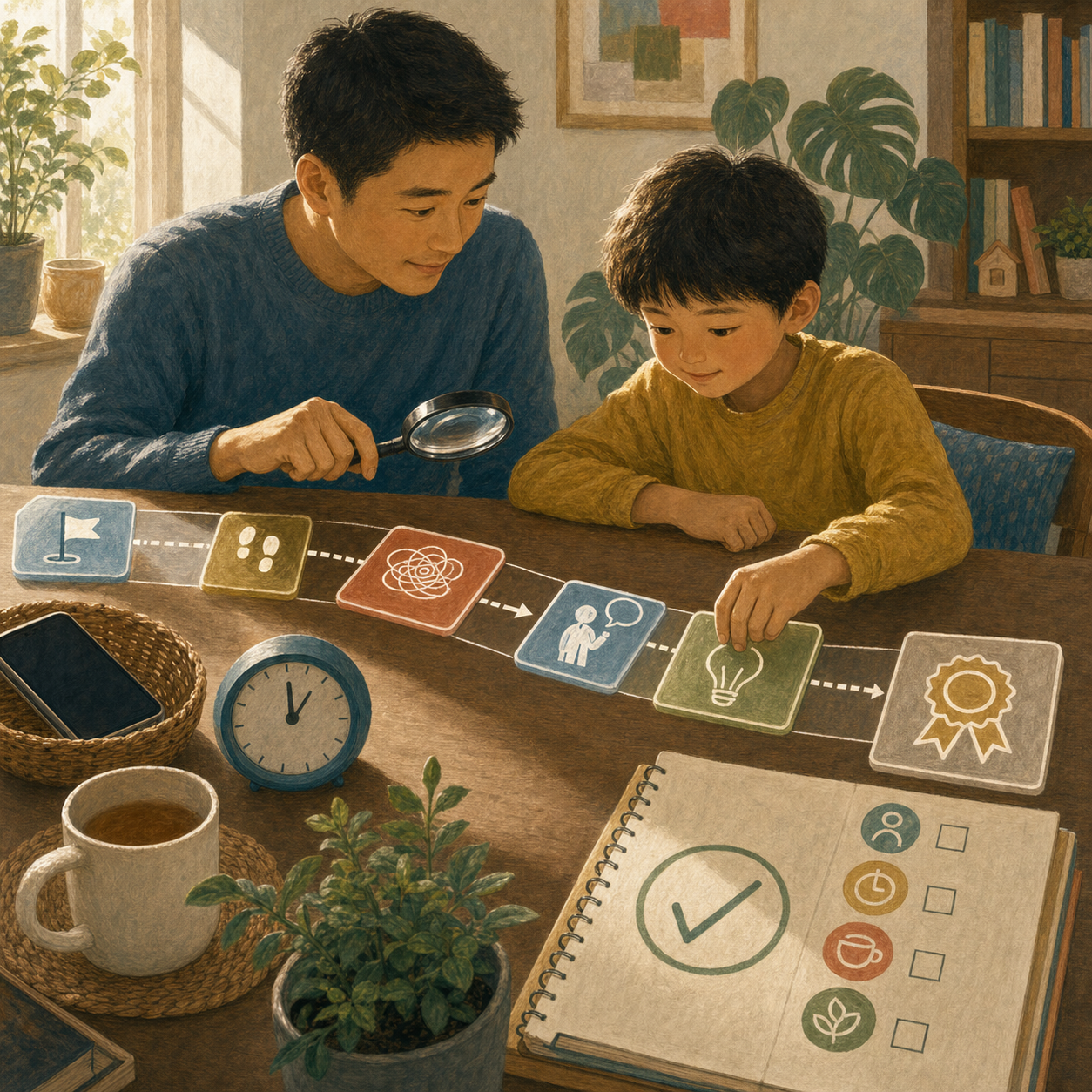 青年男性支持者和孩子一起观察学习过程的温和插画