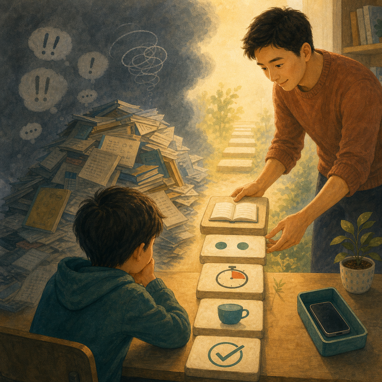 青年男性老师把大任务拆成小步骤帮助孩子开始的插画
